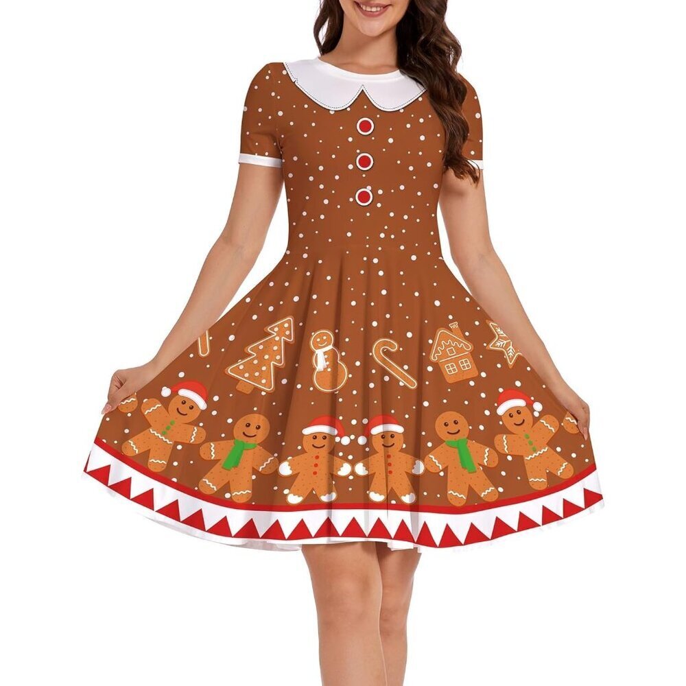 Women Ugly Christmas Santa Dress Cute Gingerbread Holiday Print Dress for Xmas